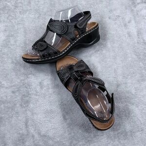 Clarks Lexi Walnut Q Sandals Womens 8 Black Leather Slingback Wedge Open Toe